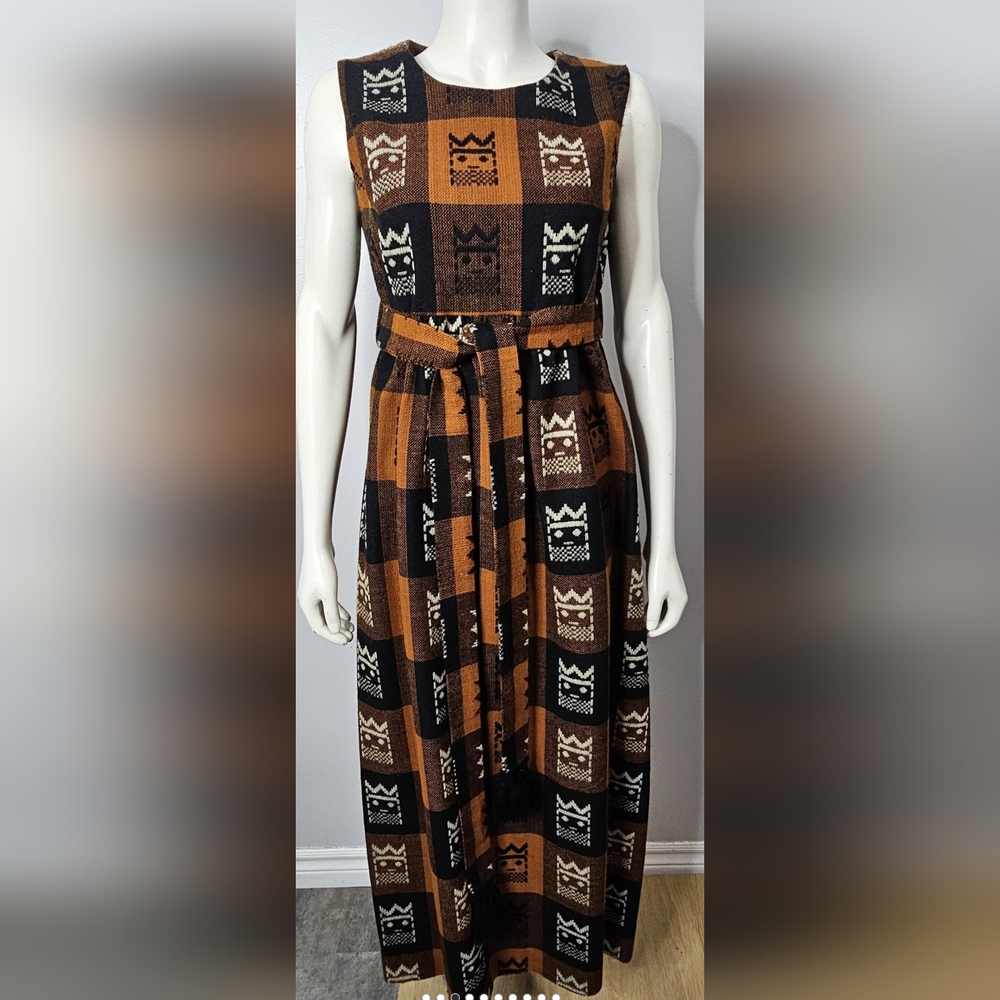 Vintage Maxi Dress: Novelty Print Brown and Black Dress